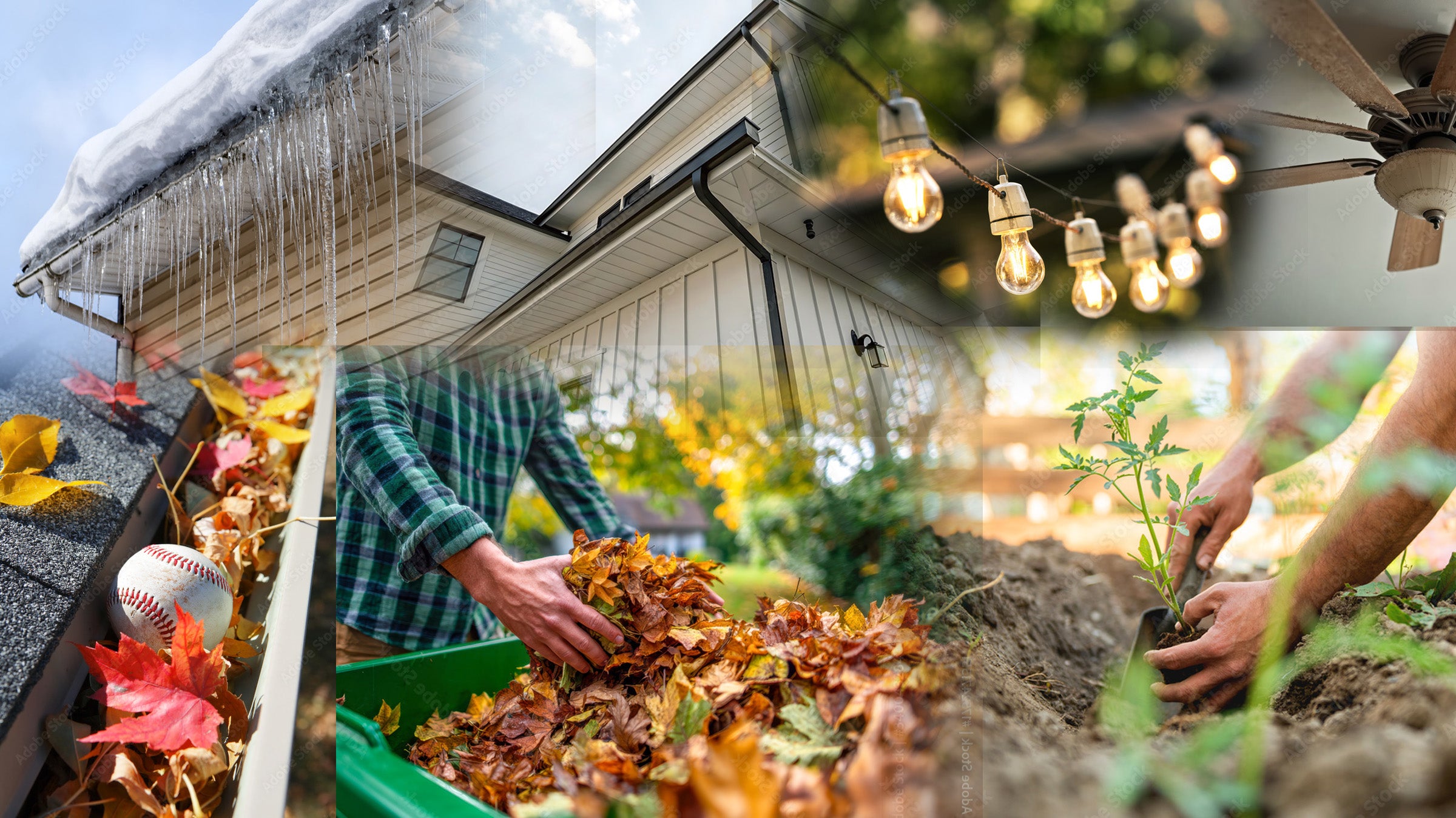 Collage of activities including cleaning gutters, gardening, and a person holding a baseball.