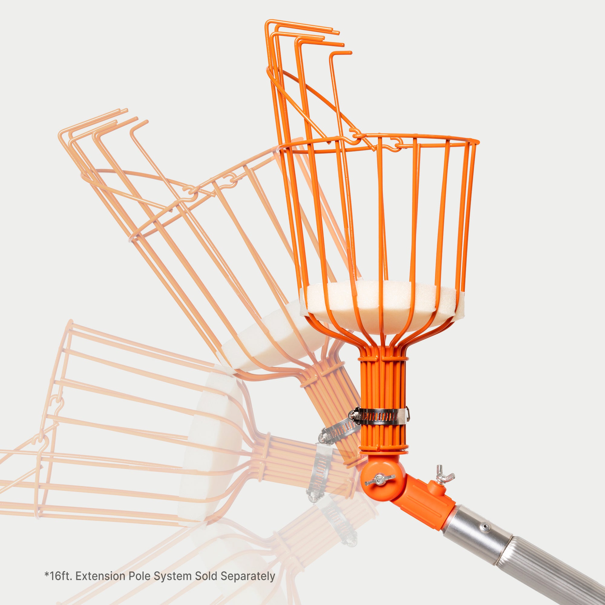 Fruit picker attachment on extension pole in pivoting positions; 16 ft extension pole sold separately.