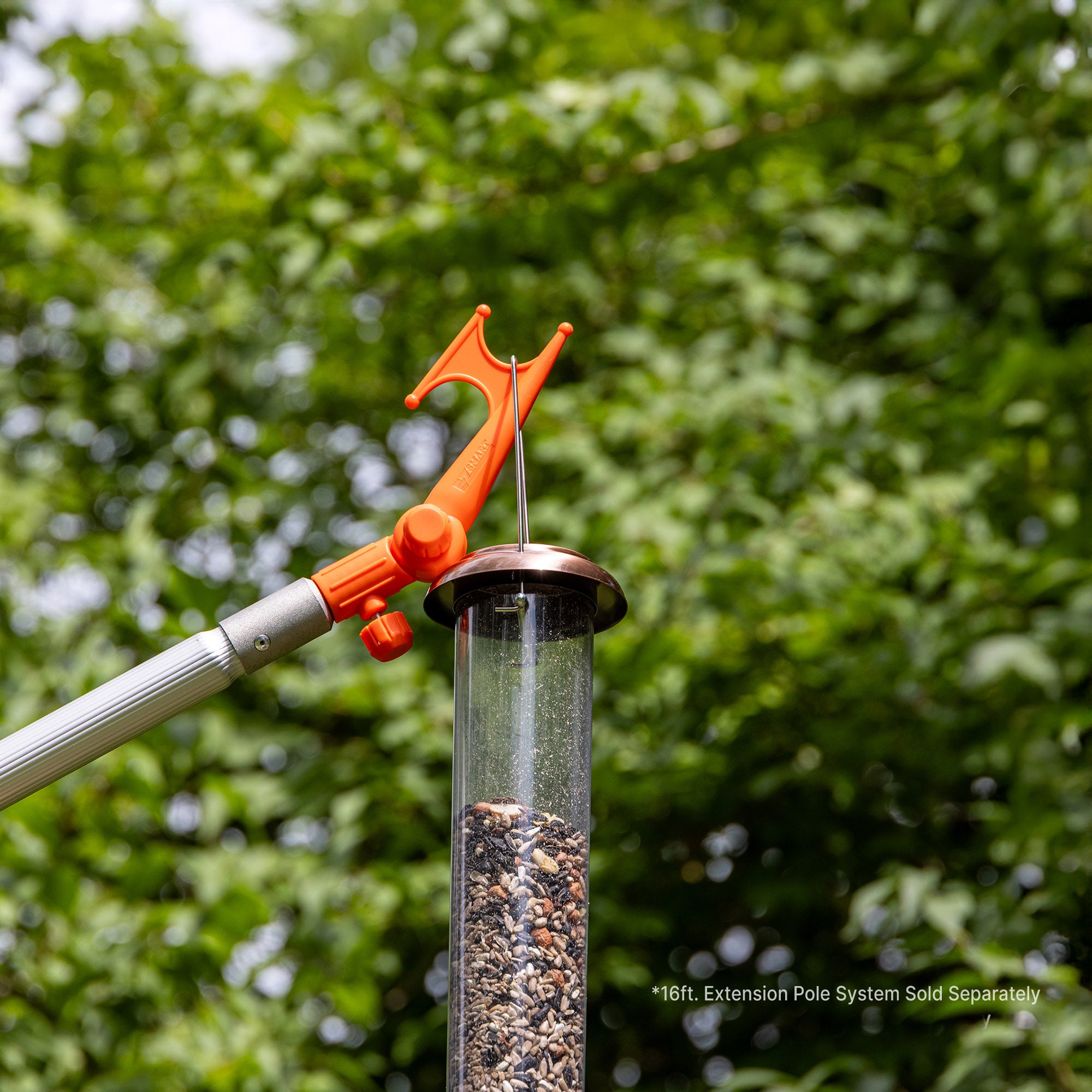Handy Hook on extension pole hanging bird feeder; EZ Smart extension pole kit sold separately.