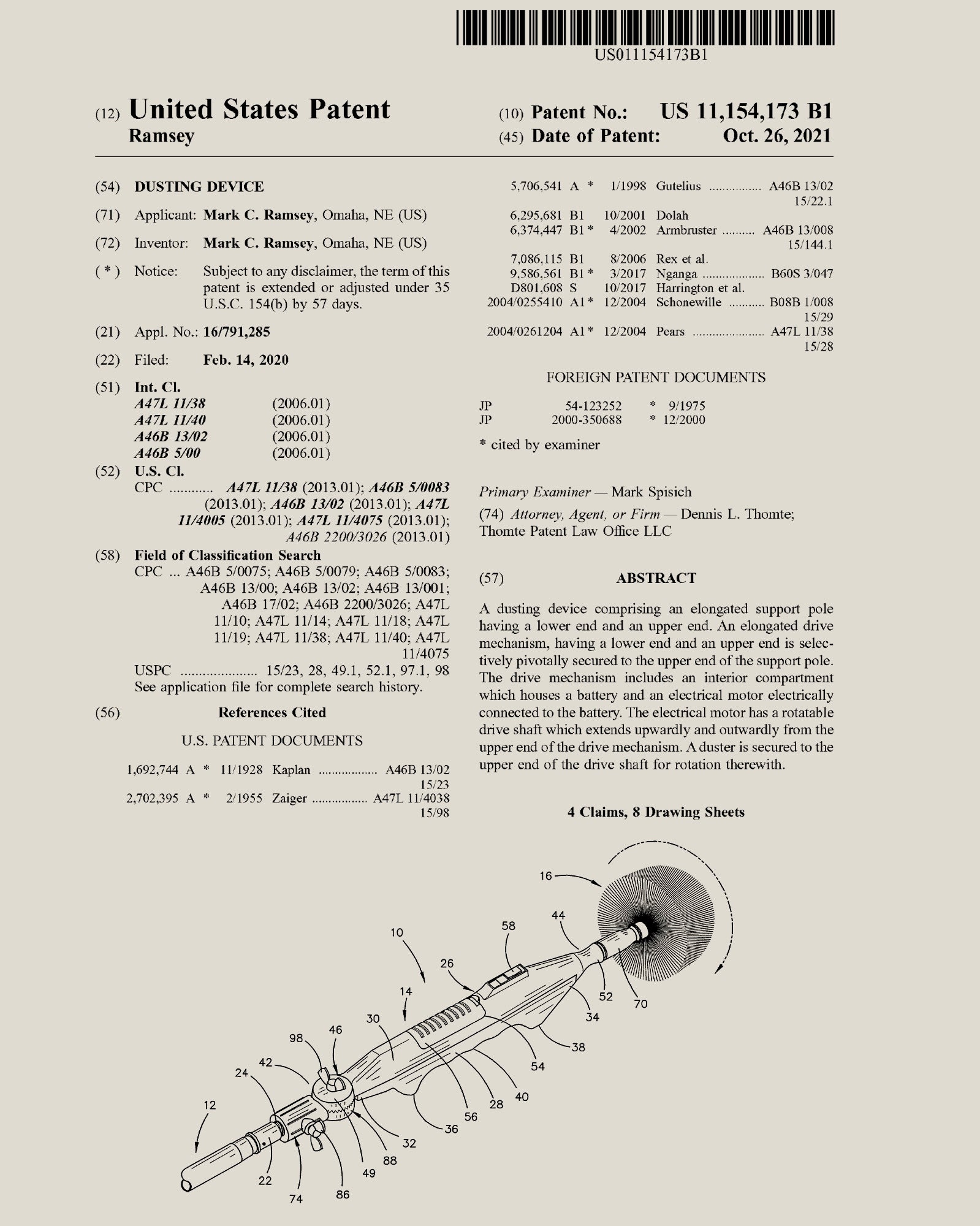 Official U.S. patent document for a pivoting dusting device that has a battery-operated motorized drive shaft that rotates to remove debris. Has receptacle to attach extension poles.