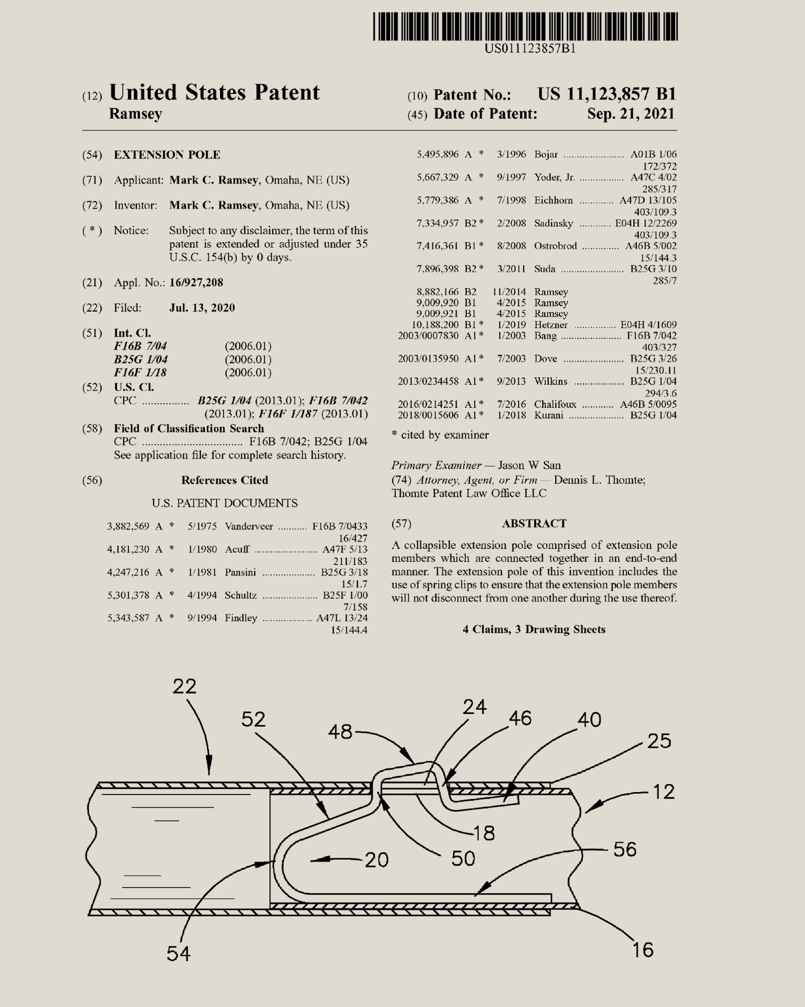 Official U.S.patent document for an extension pole with technical diagram showing spring clip mechanism.