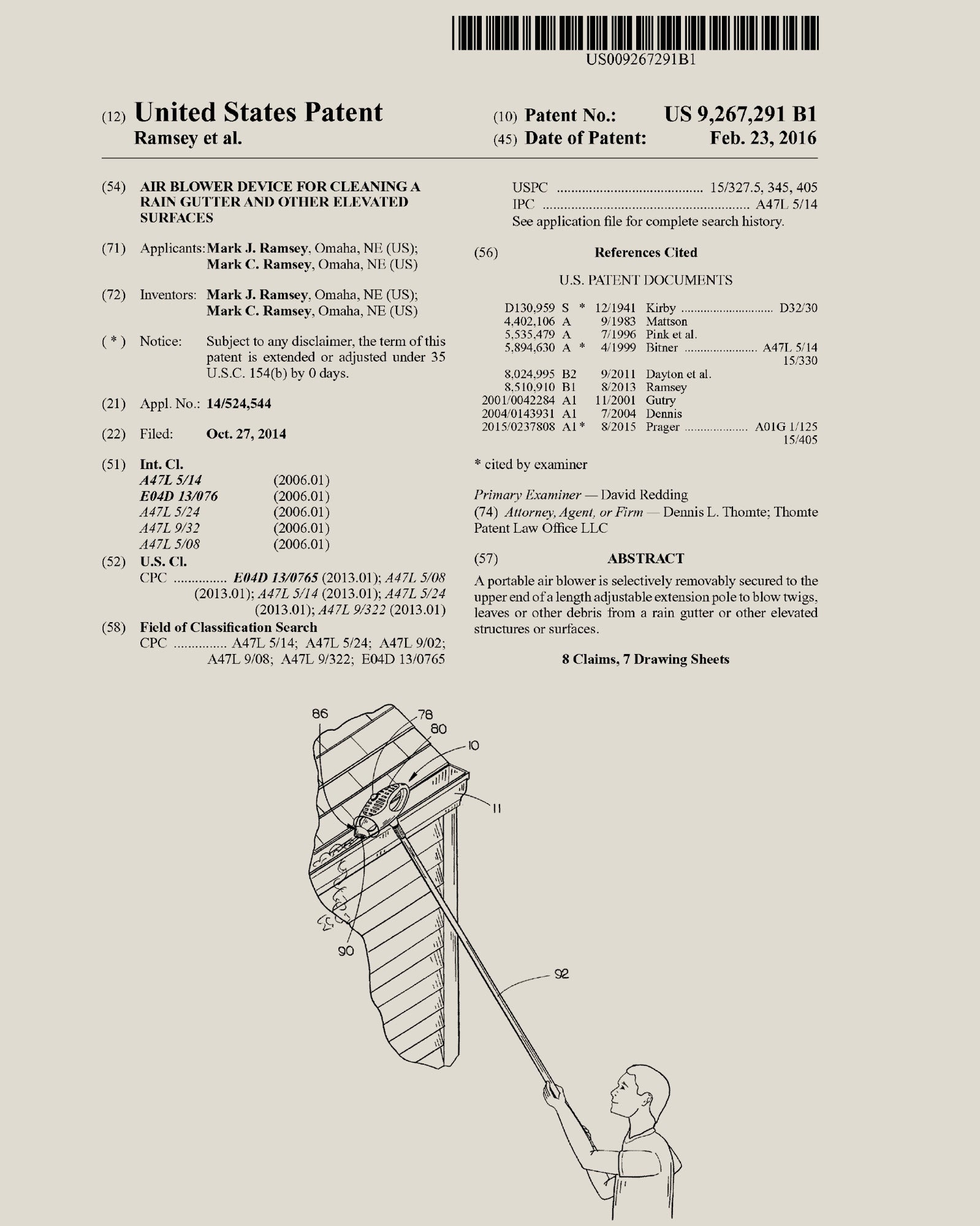 Official U.S. patent document for a portable air blower that can be secured to extension poles.
