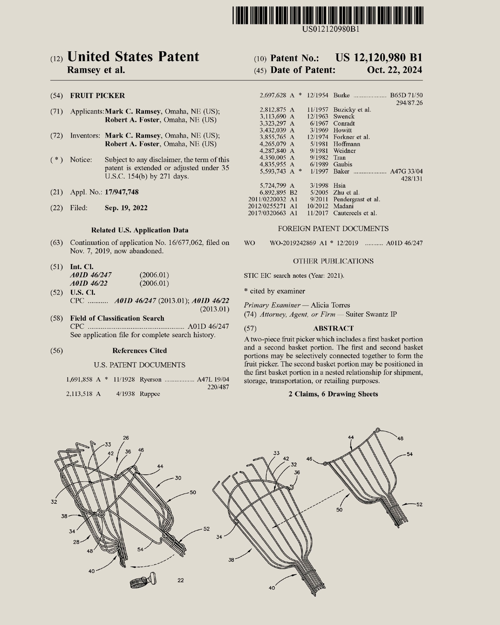 Official U.S. patent document for a two-piece fruit picker that can be nested together for compact storage and transport.