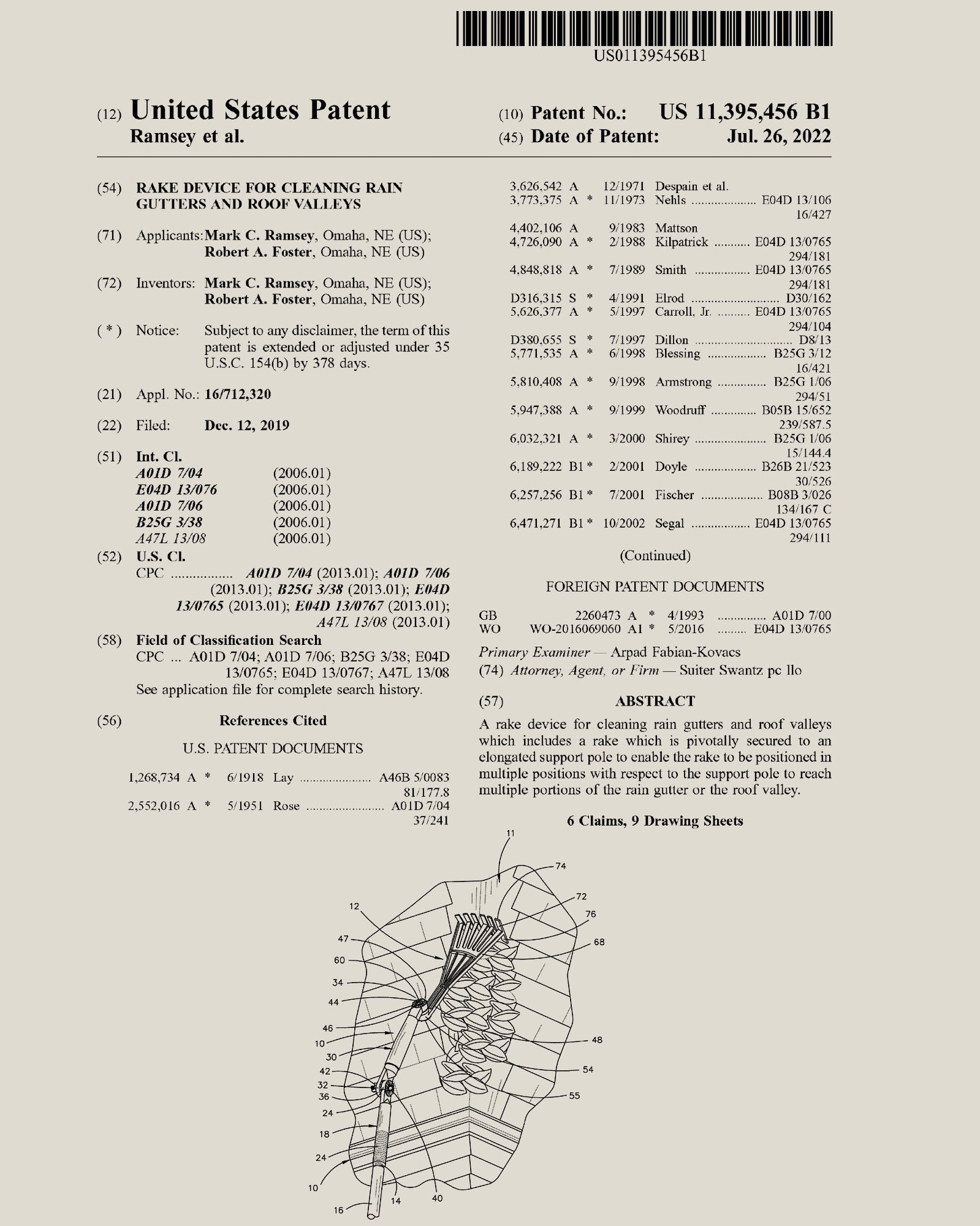 Official U.S. patent document for a pivoting rake device for cleaning rain gutters and roof valleys.