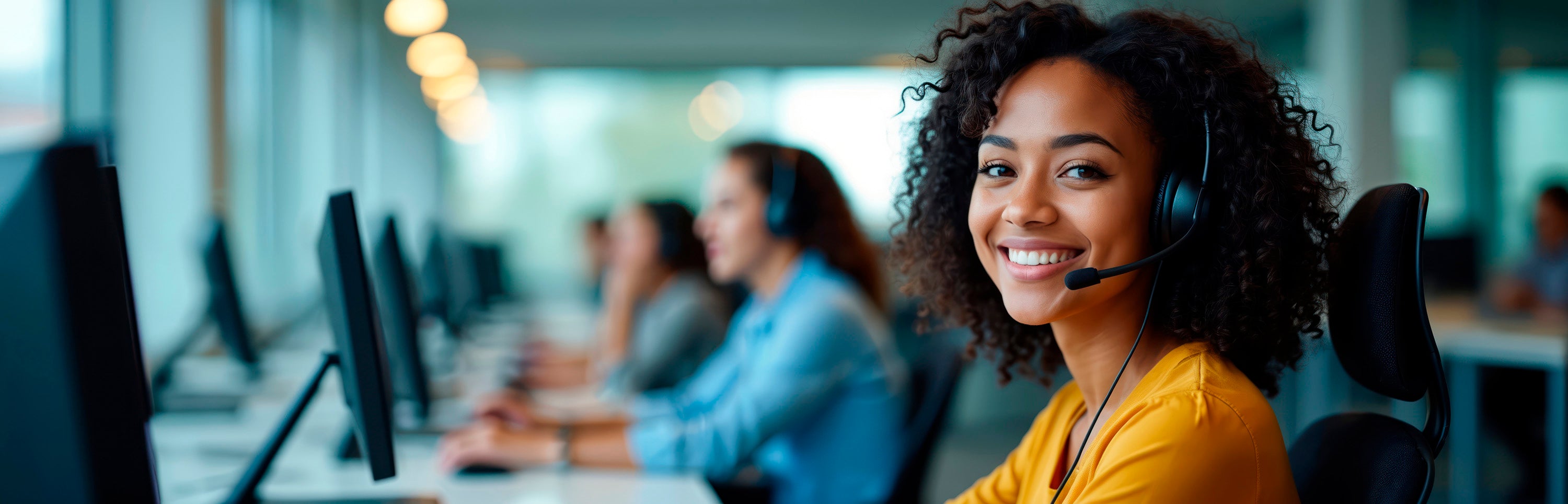 Woman in a call center smiling with colleagues in the background