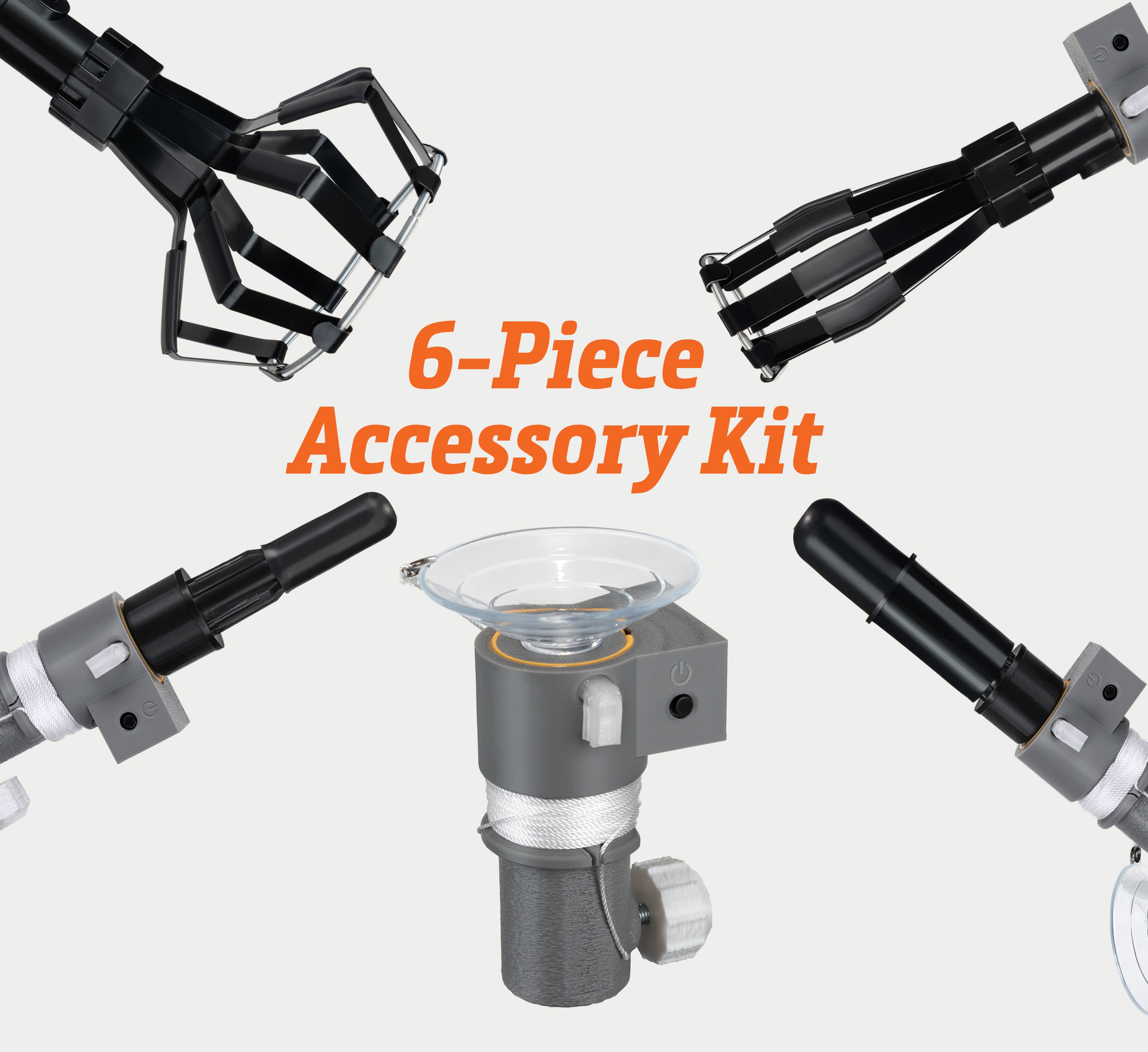 Light bulb changer 6-piece accessory kit showing multiple attachment heads.
