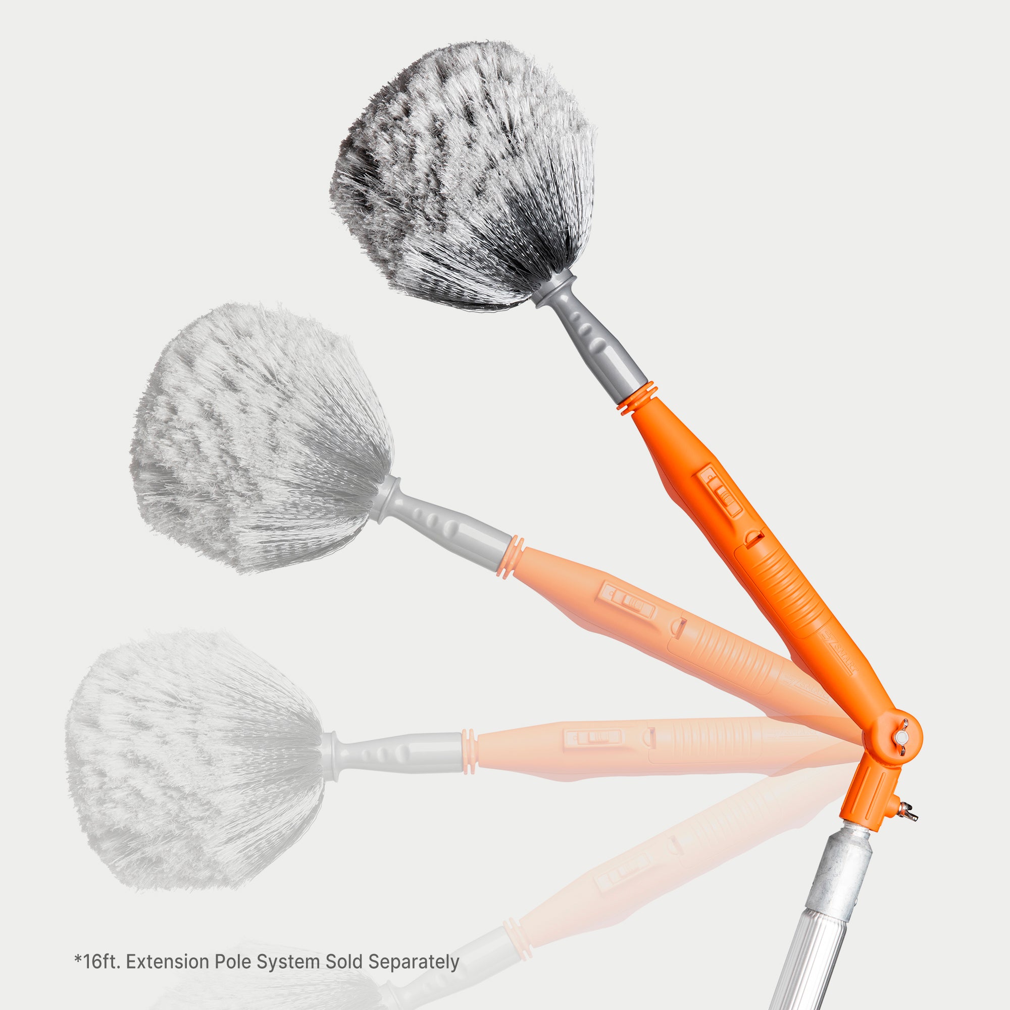 Cobweb Duster shown in pivoting positions on extension pole; 16 ft extension pole sold separately.