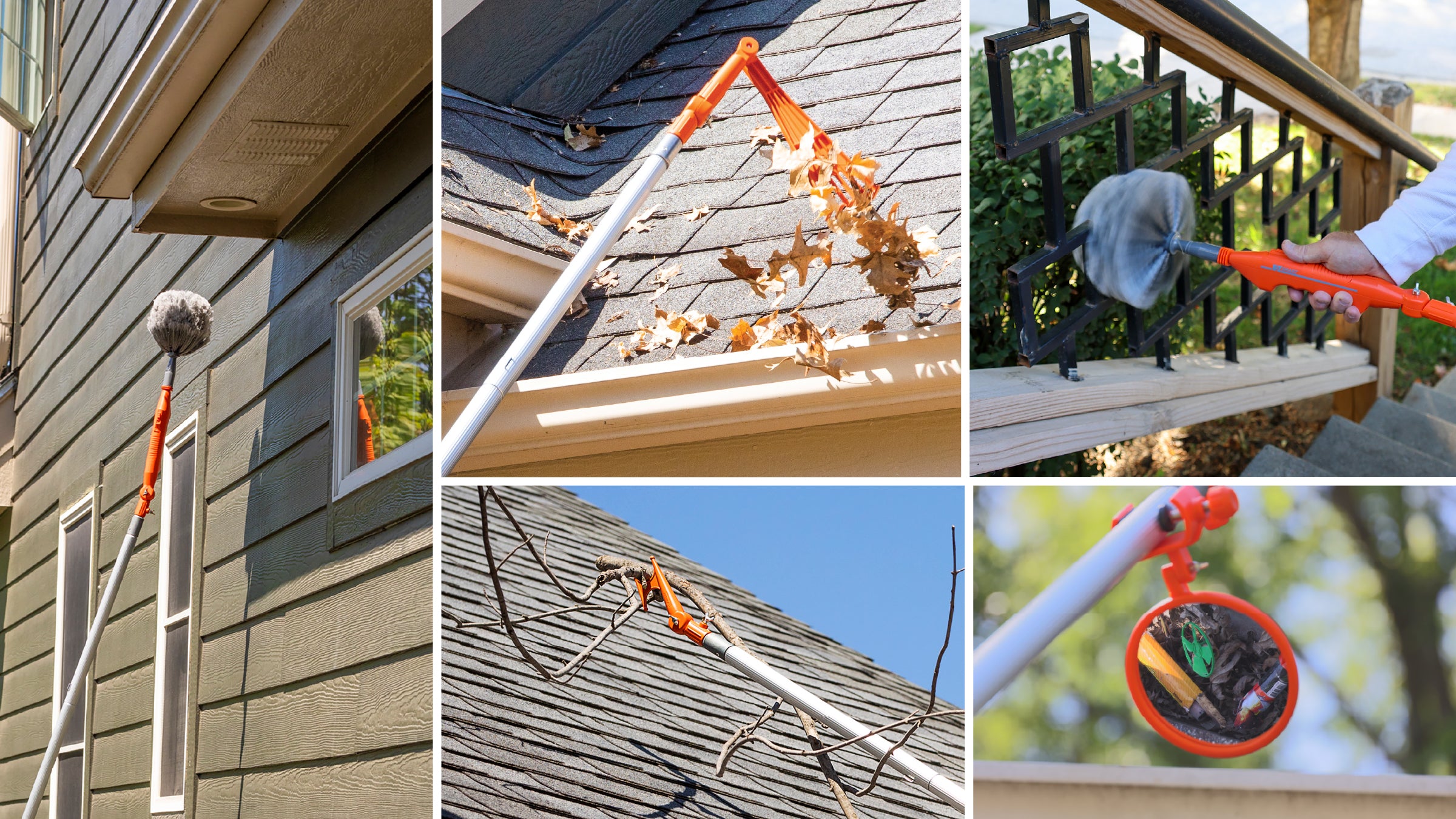 EZ Smart Tools telescopic tools removing cobwebs, clearing roof leaves, and inspecting gutters.