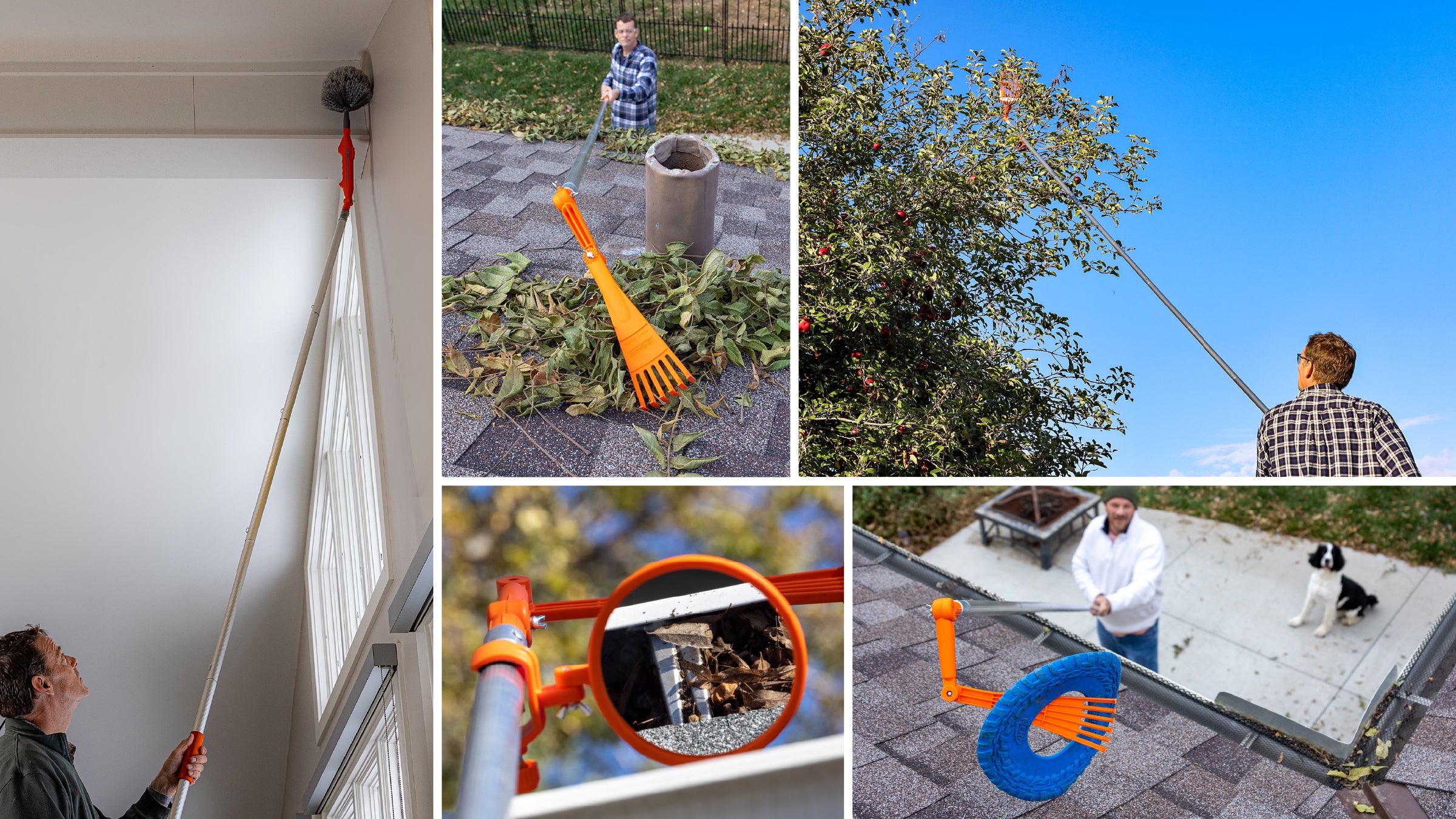 EZ Smart Tools telescopic tools used for cobweb cleaning, gutter clearing, and fruit picking.