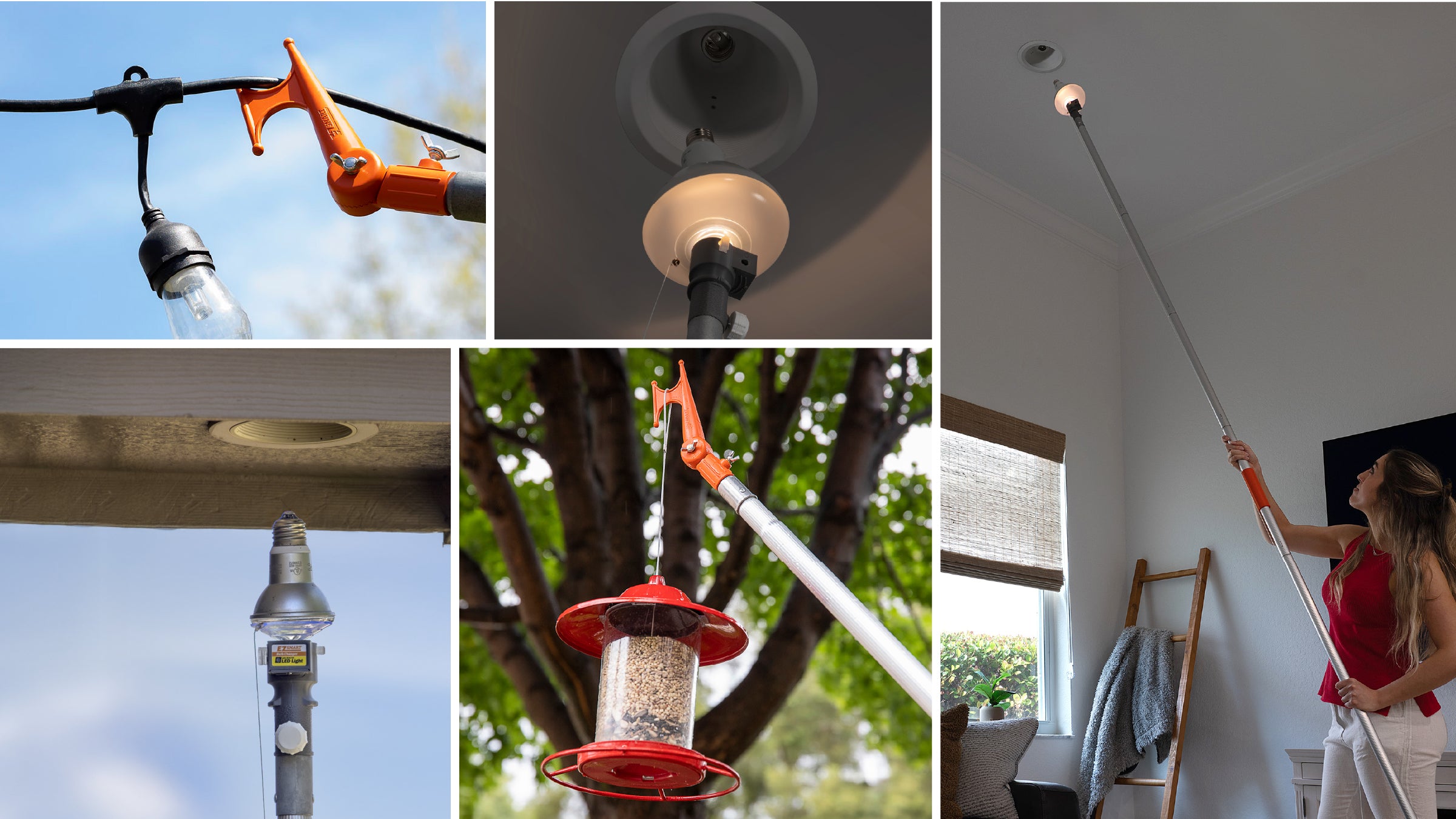 Collage of EZ Smart Tools telescoping tools installing lights and hanging outdoor decor and bird feeders.