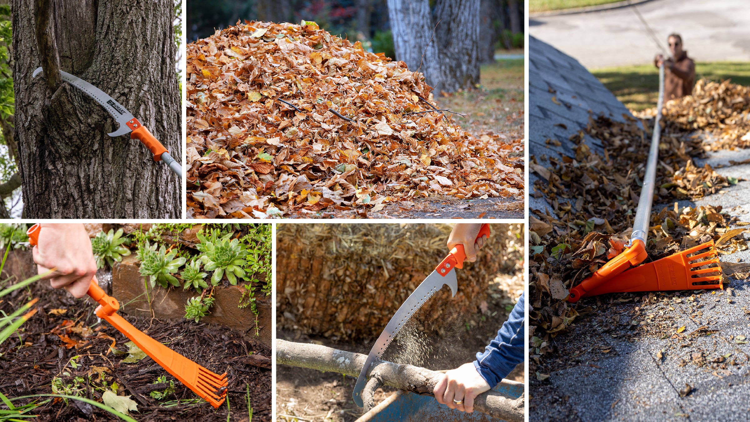 Collage of yard work such as leaf pile, gutter cleaning, and tree pruning