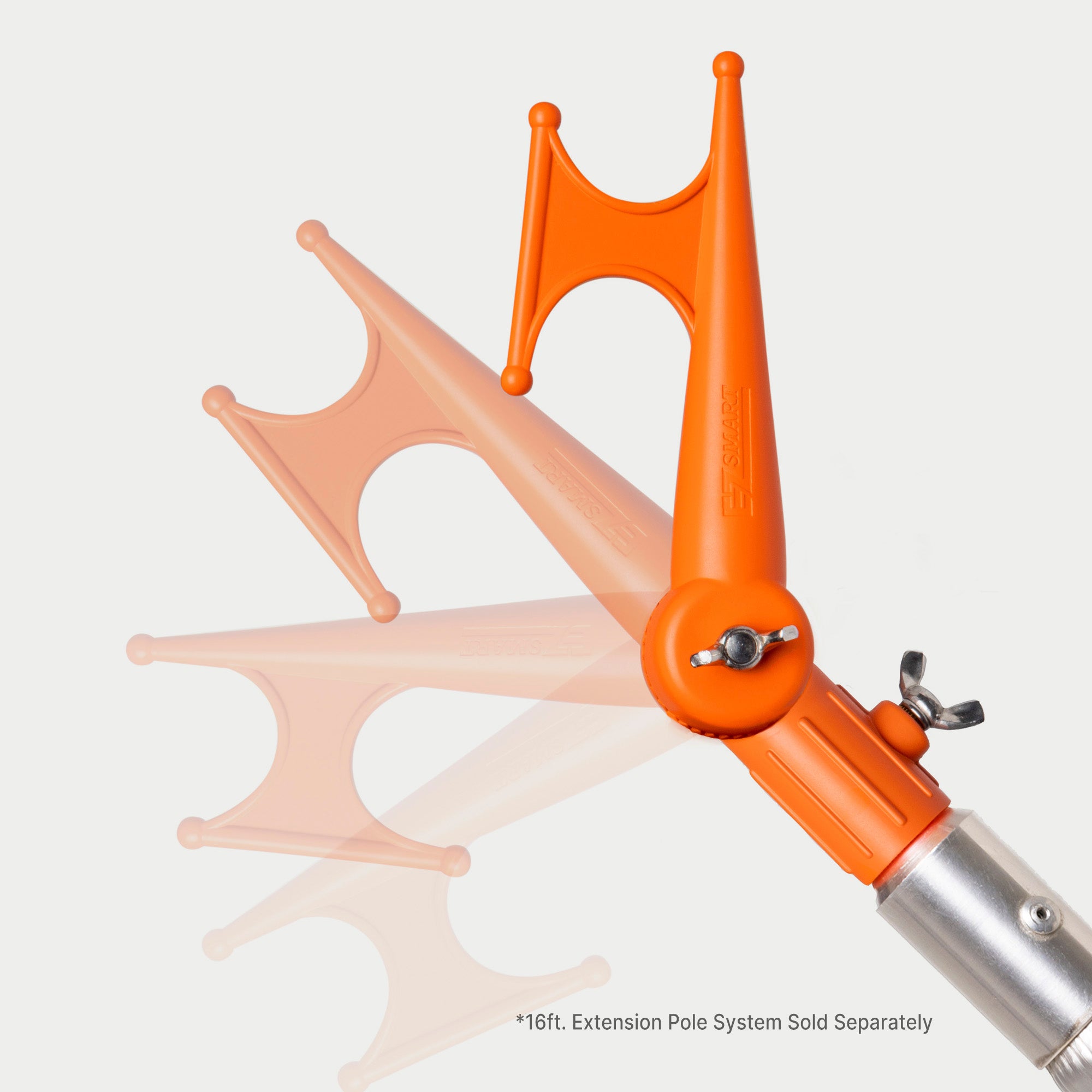 Handy Hook shown in pivoting positions on extension pole; 16 ft extension pole sold separately.