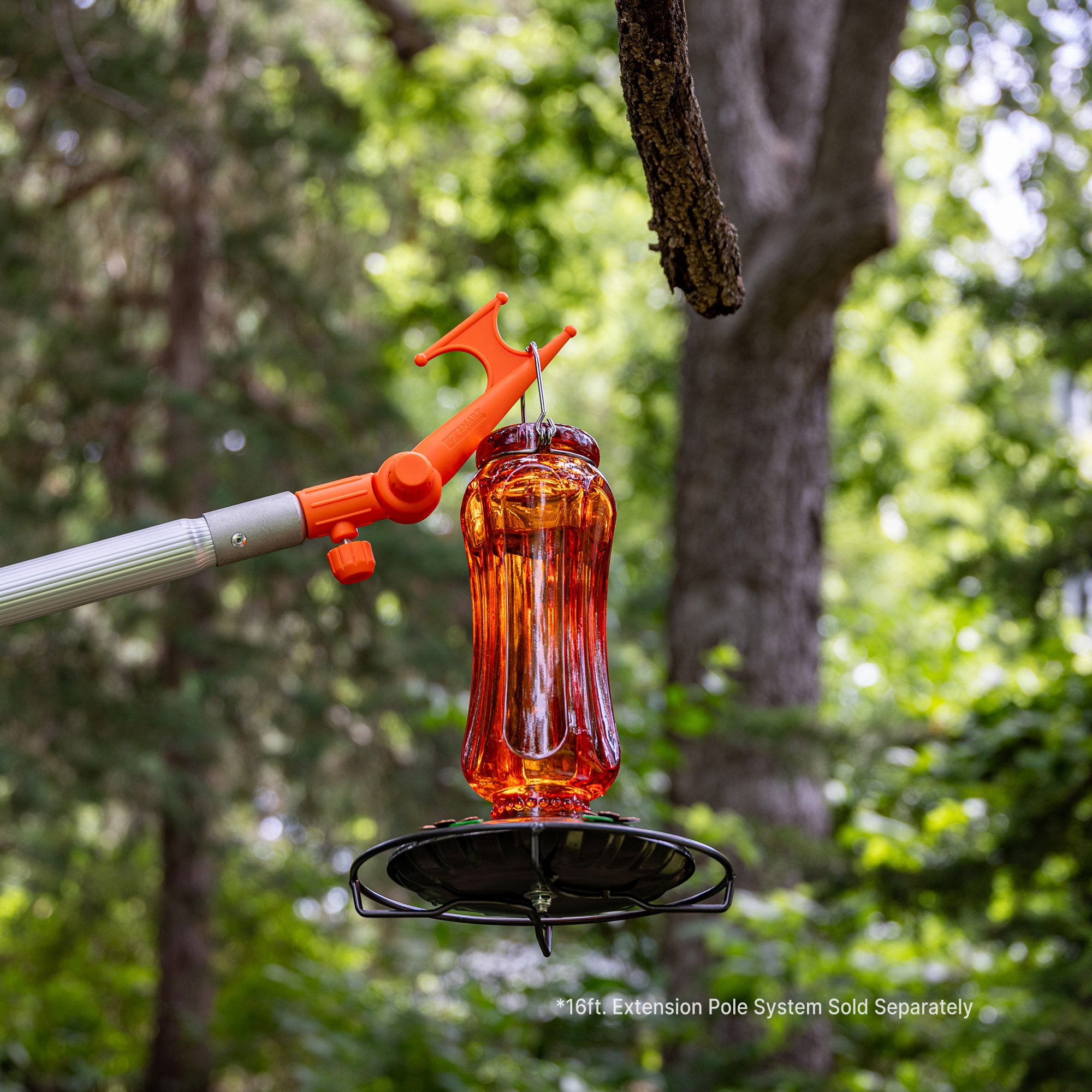 Handy Hook on extension pole hanging bird feeder; EZ Smart extension pole kit sold separately.