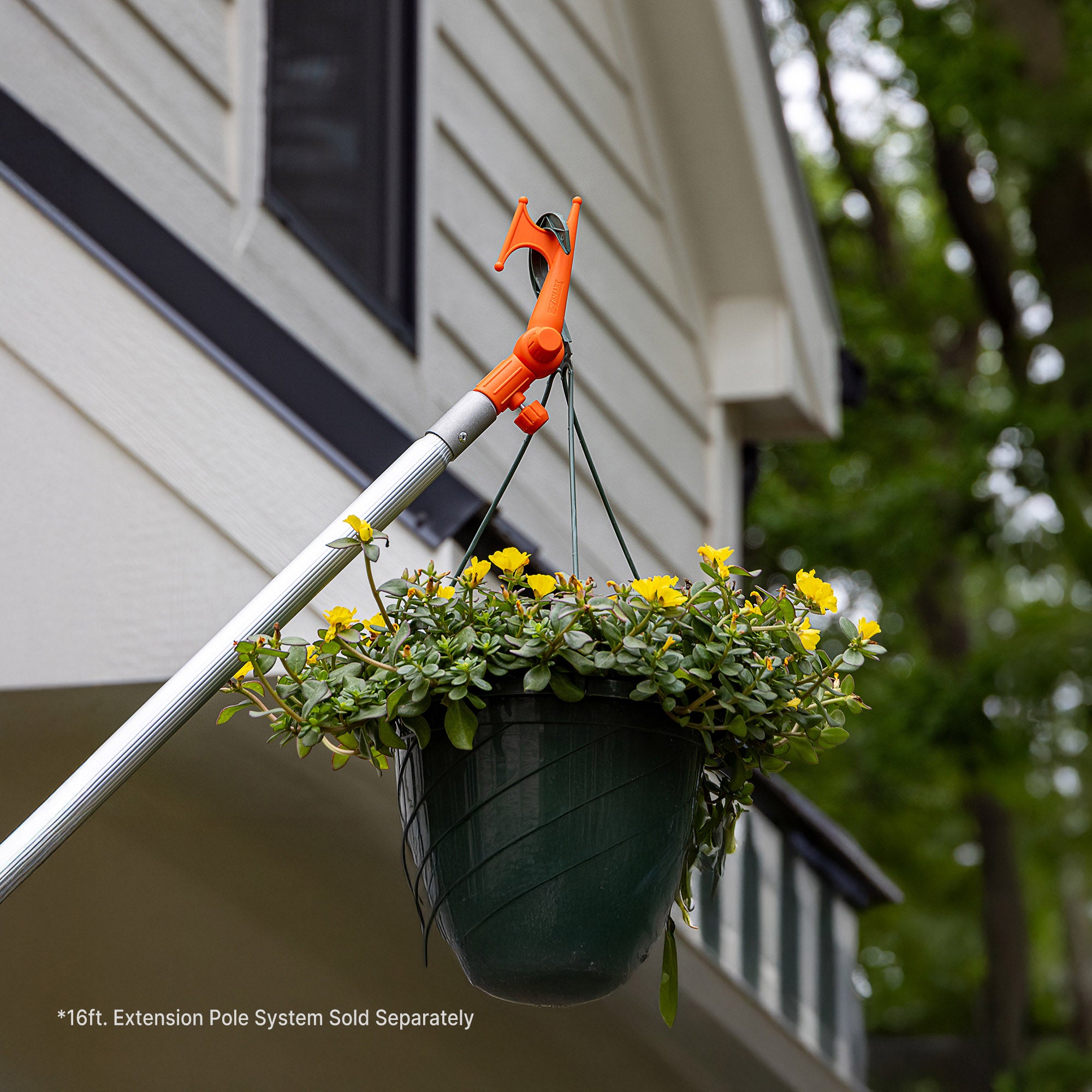 Handy Hook on extension pole hanging plant; EZ Smart extension pole kit sold separately.