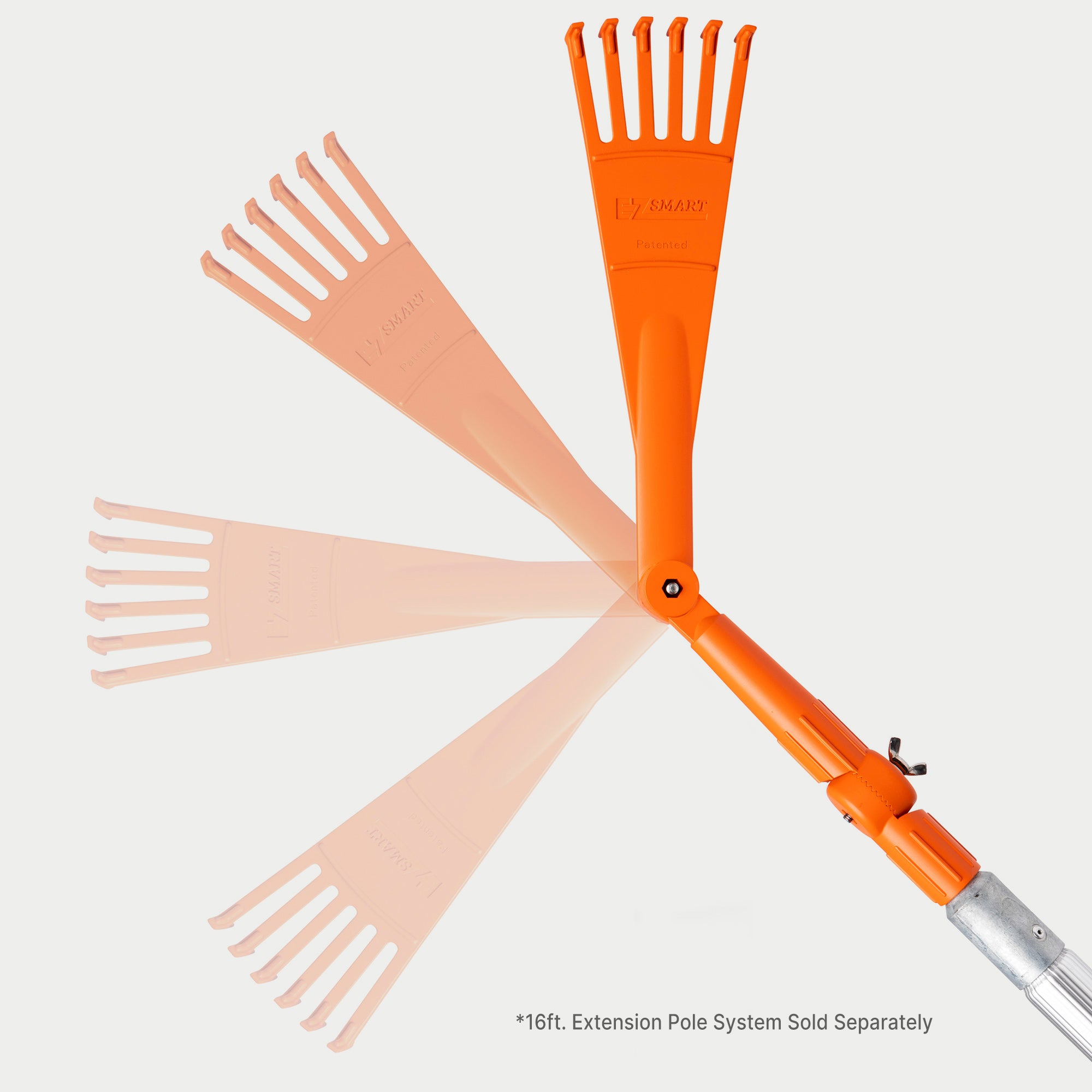 Mini rake attachment showing pivoting positions; 16 ft extension pole sold separately.
