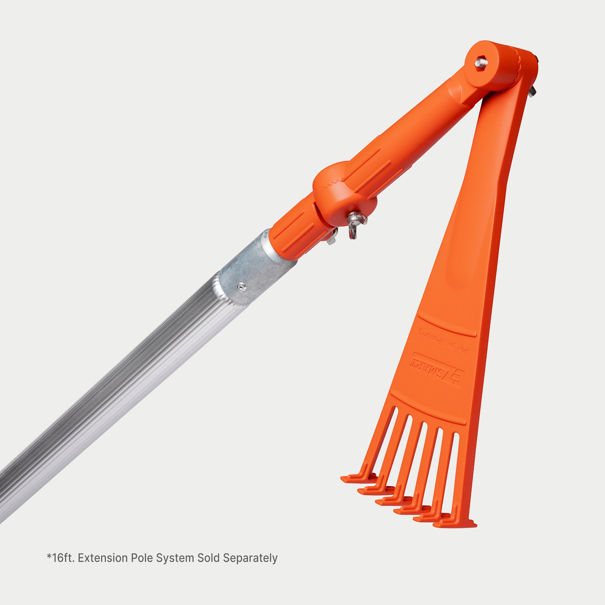Mini rake attachment on extension pole in pivoting position; 16 ft extension pole sold separately.