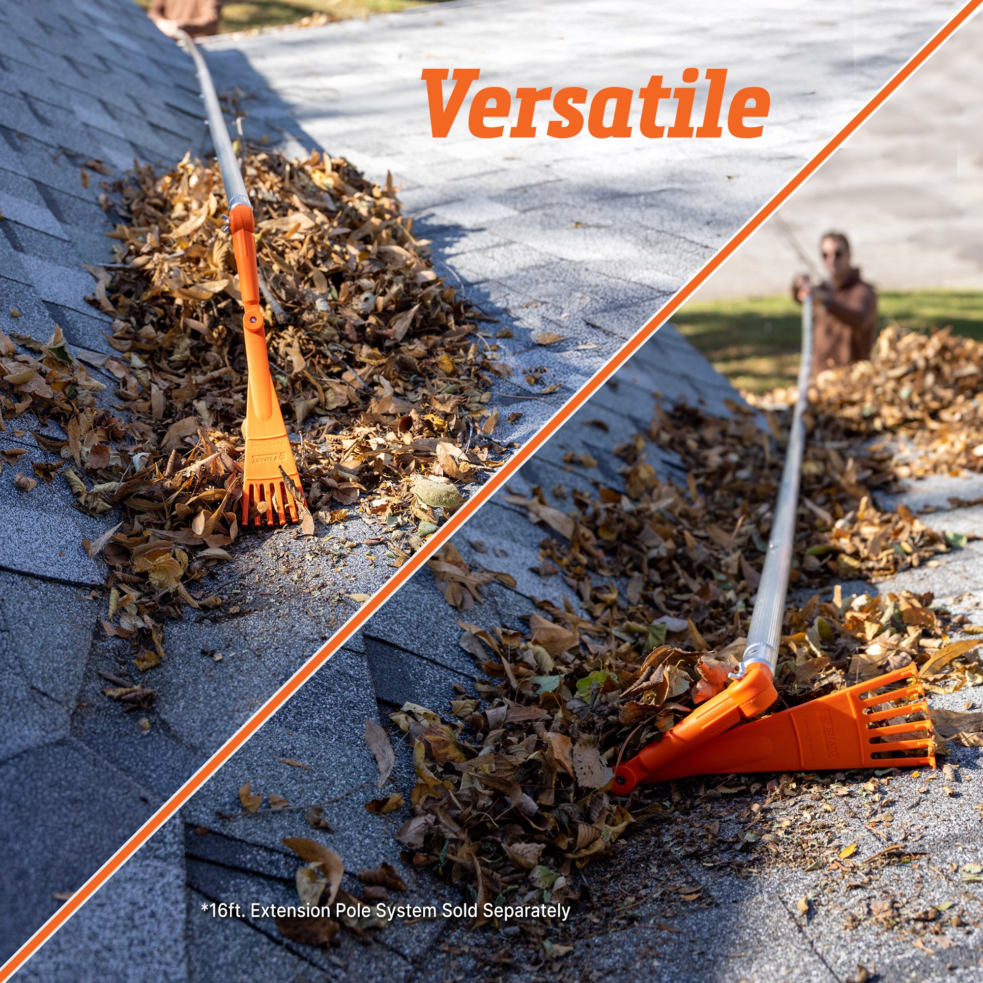 Adjustable mini rake clearing leaves from roof in two pivoting positions; extension pole sold separately.