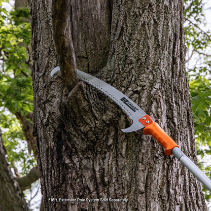 14-inch pruning saw on extension pole cutting tree branch (Extension Pole Sold Separately) 