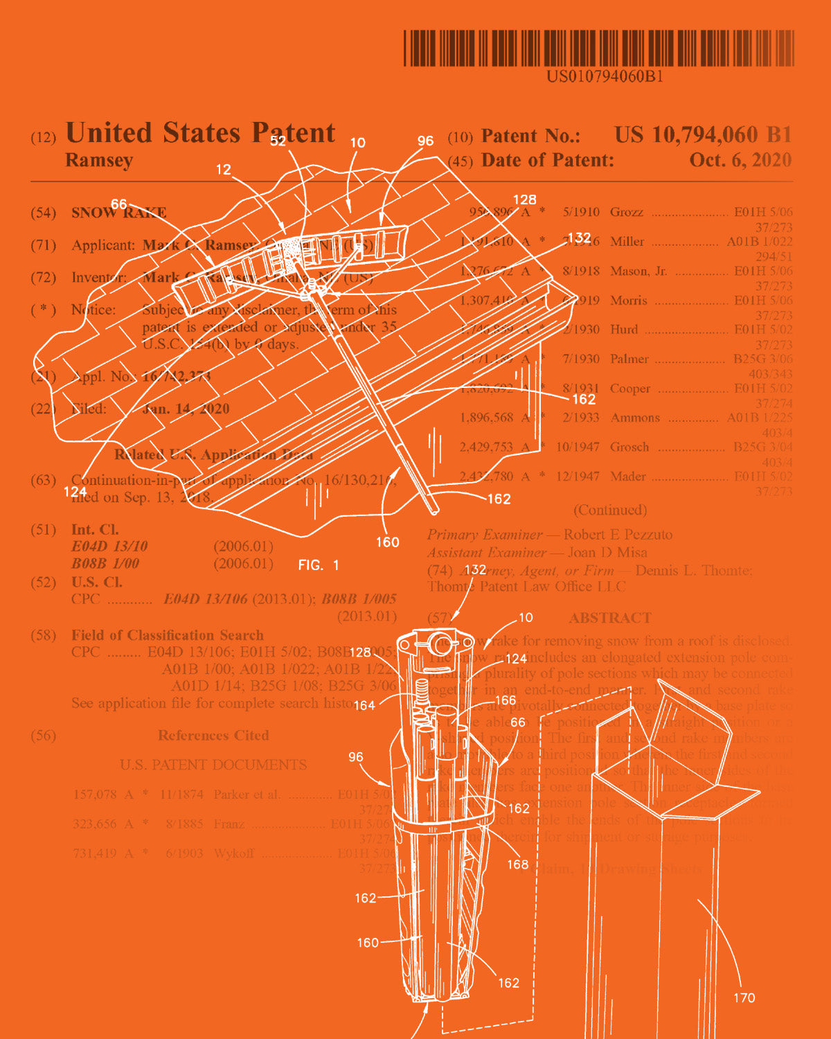 Stylized U.S. patent document for a snow rake that folds into V-shaped position. Shows it attached to an extension pole on a roof and how it's built-in receptacles are used to secure pole sections for compact storage and transport.