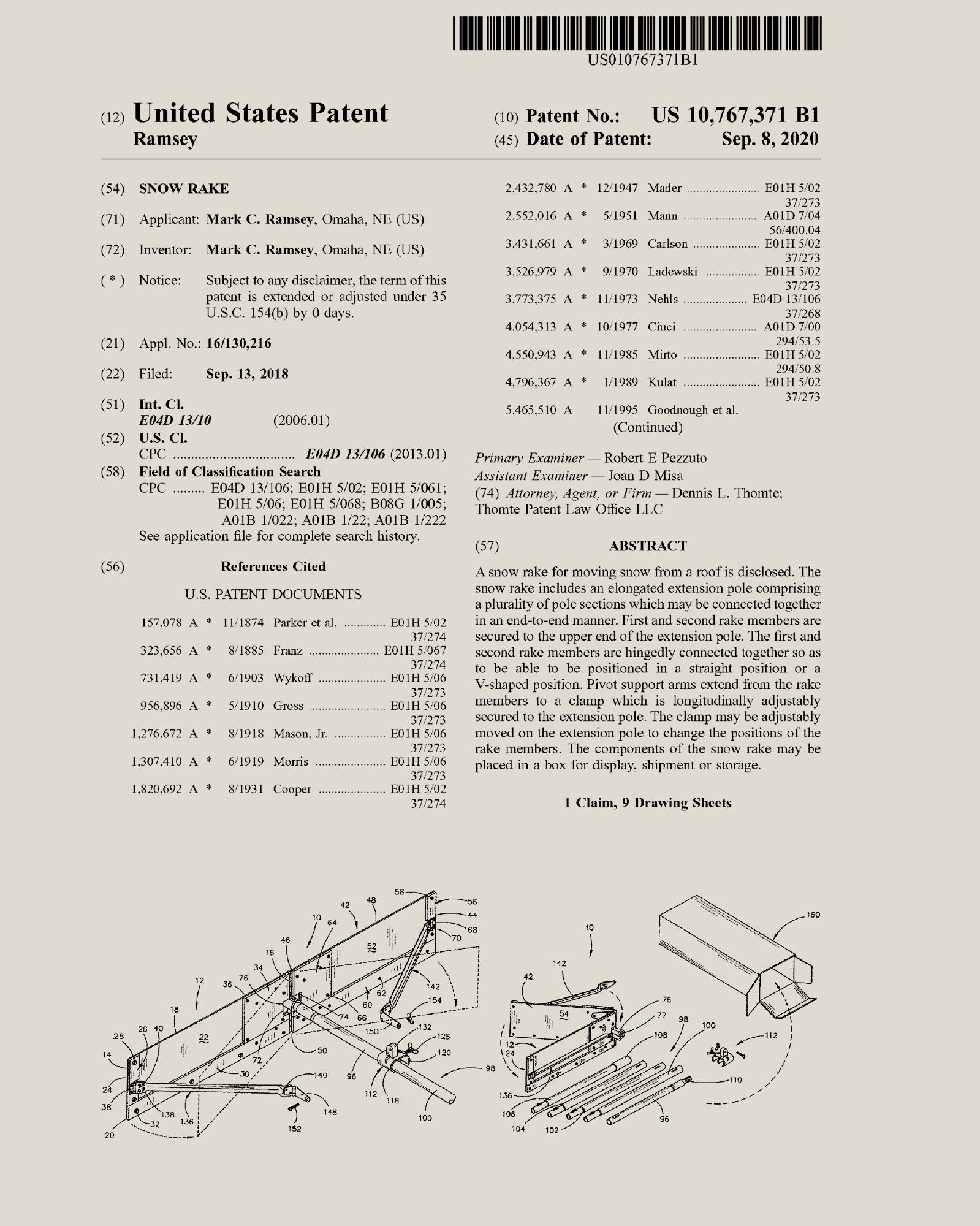 Official U.S. patent document for a snow rake that folds into V-shaped position. It includes extension poles and has built-in receptacles where pole sections are placed for compact storage.