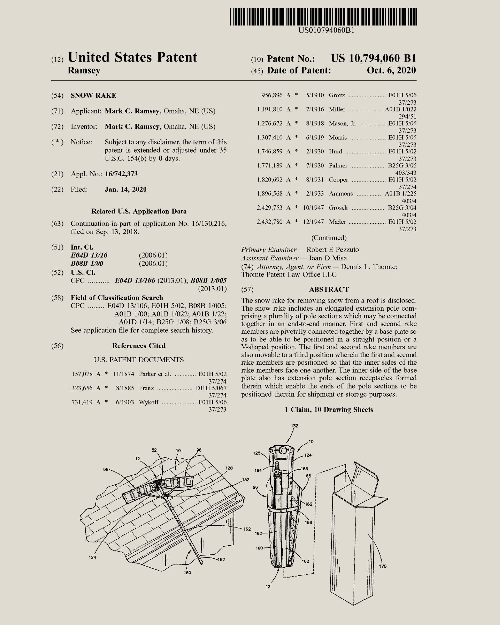 Official U.S. patent document for a snow rake that folds into V-shaped position. It includes extension poles and has built-in receptacles where pole sections are placed for compact storage.