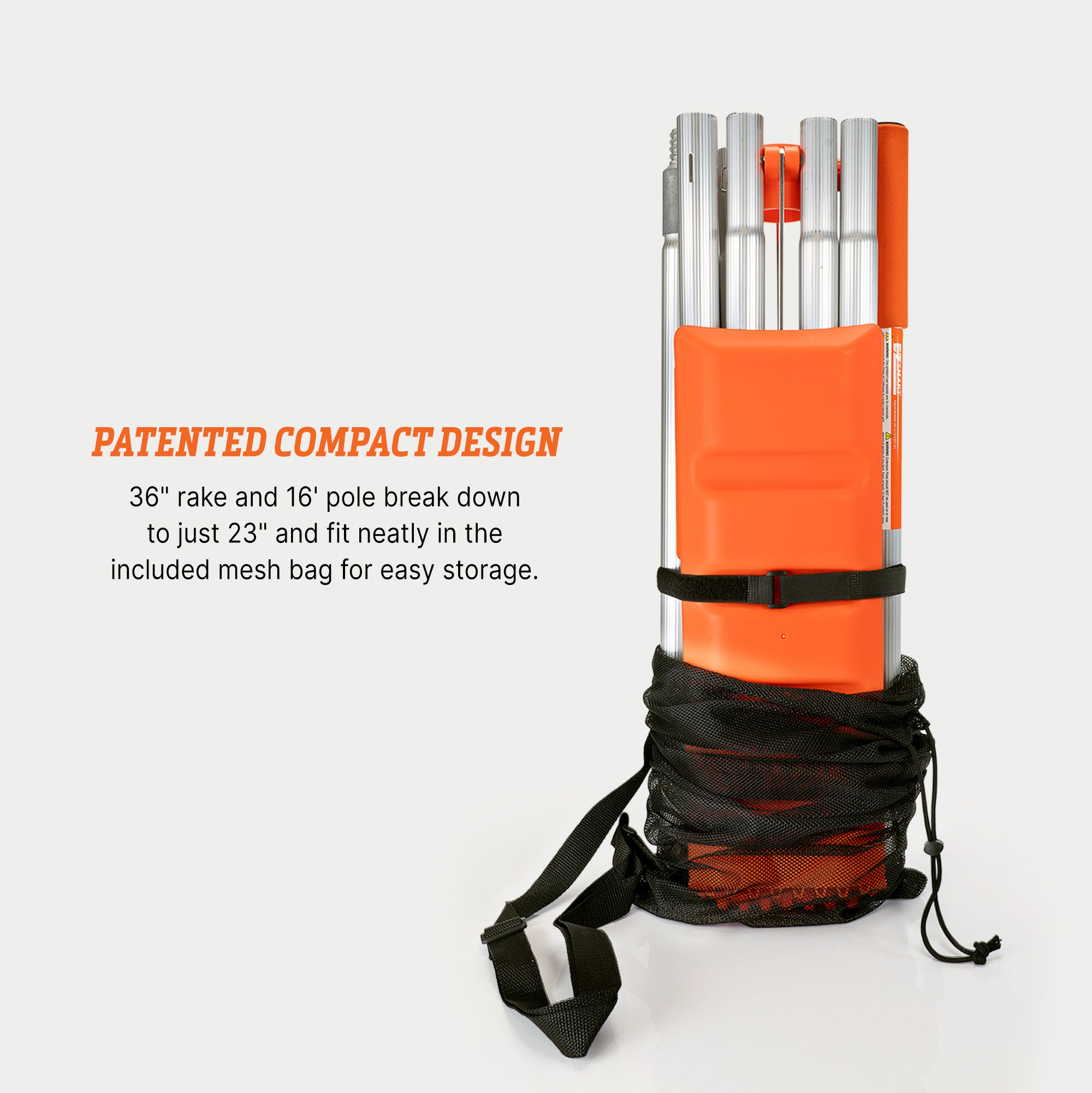 Snow roof rake kit whose blades fold up and store extension pole sections inside a mesh bag.