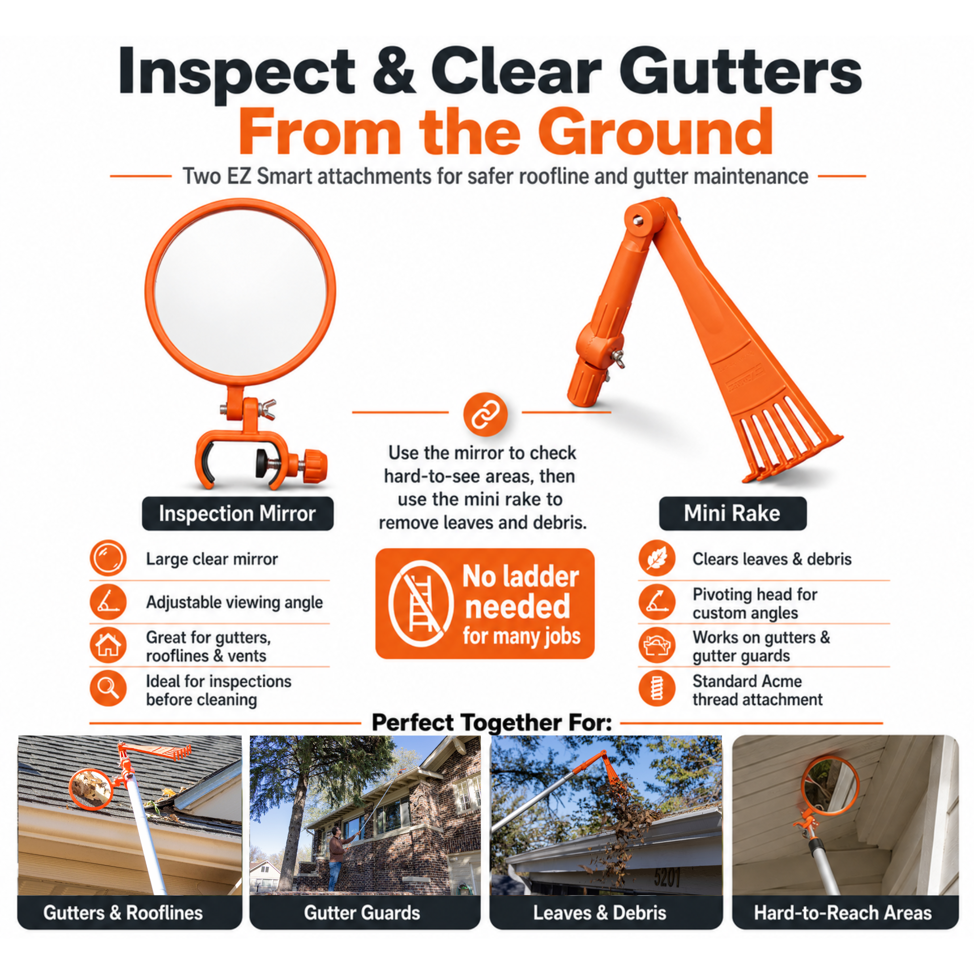 EZ Smart Mini Rake & Inspection Mirror Extension Pole Combo